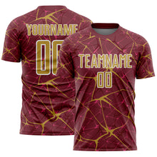 Laden Sie das Bild in den Galerie-Viewer, Custom Burgundy Old Gold-White Abstract Network Crackle Sublimation Soccer Uniform Jersey
