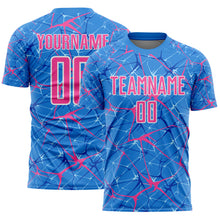 Laden Sie das Bild in den Galerie-Viewer, Custom Powder Blue Pink-White Abstract Network Crackle Sublimation Soccer Uniform Jersey

