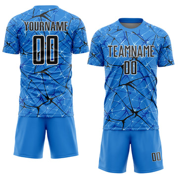 Custom Powder Blue Black-White Abstract Network Crackle Sublimation Soccer Uniform Jersey