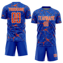 Load image into Gallery viewer, Custom Thunder Blue Orange-White Abstract Network Crackle Sublimation Soccer Uniform Jersey
