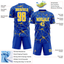 Load image into Gallery viewer, Custom Thunder Blue Yellow-White Abstract Network Crackle Sublimation Soccer Uniform Jersey
