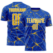 Load image into Gallery viewer, Custom Thunder Blue Yellow-White Abstract Network Crackle Sublimation Soccer Uniform Jersey
