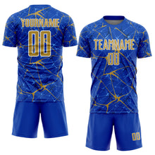 Load image into Gallery viewer, Custom Thunder Blue Old Gold-White Abstract Network Crackle Sublimation Soccer Uniform Jersey
