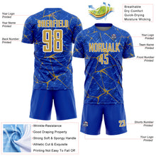 Load image into Gallery viewer, Custom Thunder Blue Old Gold-White Abstract Network Crackle Sublimation Soccer Uniform Jersey
