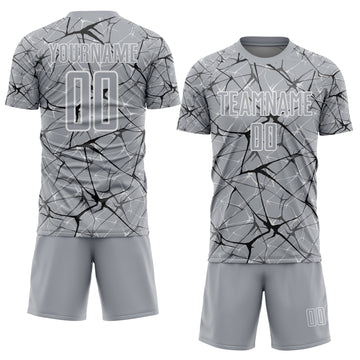 Custom Gray Black-White Abstract Network Crackle Sublimation Soccer Uniform Jersey