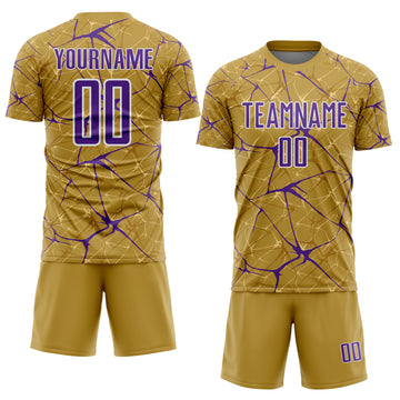 Custom Old Gold Purple-White Abstract Network Crackle Sublimation Soccer Uniform Jersey