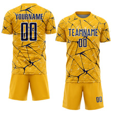 Load image into Gallery viewer, Custom Gold Navy-White Abstract Network Crackle Sublimation Soccer Uniform Jersey
