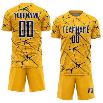 Custom Gold Navy-White Abstract Network Crackle Sublimation Soccer Uniform Jersey
