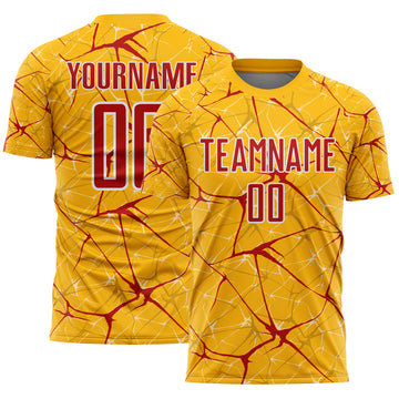 Custom Gold Red-White Abstract Network Crackle Sublimation Soccer Uniform Jersey