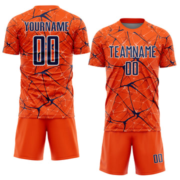 Custom Orange Navy-White Abstract Network Crackle Sublimation Soccer Uniform Jersey