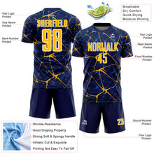 Laden Sie das Bild in den Galerie-Viewer, Custom Navy Gold-White Abstract Network Crackle Sublimation Soccer Uniform Jersey
