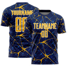 Laden Sie das Bild in den Galerie-Viewer, Custom Navy Gold-White Abstract Network Crackle Sublimation Soccer Uniform Jersey
