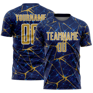 Custom Navy Old Gold-White Abstract Network Crackle Sublimation Soccer Uniform Jersey