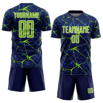 Custom Navy Neon Green-White Abstract Network Crackle Sublimation Soccer Uniform Jersey