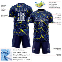 Load image into Gallery viewer, Custom Navy Neon Yellow-White Abstract Network Crackle Sublimation Soccer Uniform Jersey
