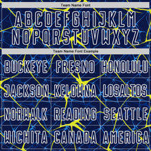 Load image into Gallery viewer, Custom Navy Neon Yellow-White Abstract Network Crackle Sublimation Soccer Uniform Jersey
