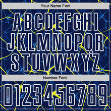 Load image into Gallery viewer, Custom Navy Neon Yellow-White Abstract Network Crackle Sublimation Soccer Uniform Jersey
