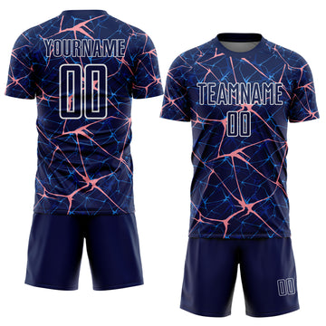 Custom Navy Medium Pink-White Abstract Network Crackle Sublimation Soccer Uniform Jersey