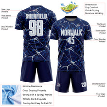 Laden Sie das Bild in den Galerie-Viewer, Custom Navy Silver-White Abstract Network Crackle Sublimation Soccer Uniform Jersey
