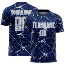 Laden Sie das Bild in den Galerie-Viewer, Custom Navy Silver-White Abstract Network Crackle Sublimation Soccer Uniform Jersey
