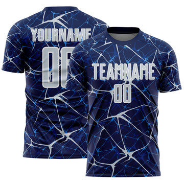 Custom Navy Silver-White Abstract Network Crackle Sublimation Soccer Uniform Jersey