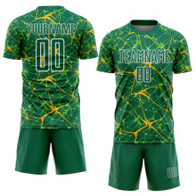 Загрузить изображение в средство просмотра галереи, Custom Kelly Green Gold-White Abstract Network Crackle Sublimation Soccer Uniform Jersey
