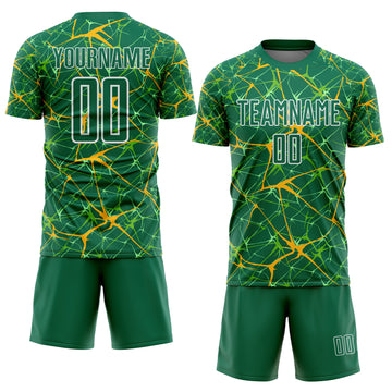 Custom Kelly Green Gold-White Abstract Network Crackle Sublimation Soccer Uniform Jersey