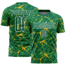 Загрузить изображение в средство просмотра галереи, Custom Kelly Green Gold-White Abstract Network Crackle Sublimation Soccer Uniform Jersey
