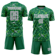 Laden Sie das Bild in den Galerie-Viewer, Custom Kelly Green Gray-White Abstract Network Crackle Sublimation Soccer Uniform Jersey
