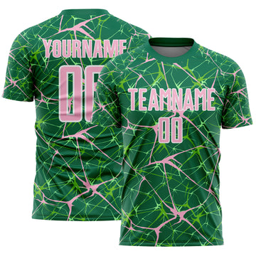 Custom Kelly Green Light Pink-White Abstract Network Crackle Sublimation Soccer Uniform Jersey