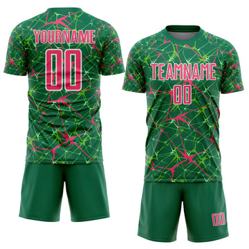Custom Kelly Green Neon Pink-White Abstract Network Crackle Sublimation Soccer Uniform Jersey