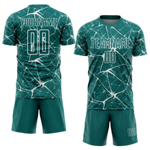 Laden Sie das Bild in den Galerie-Viewer, Custom Teal-White Abstract Network Crackle Sublimation Soccer Uniform Jersey
