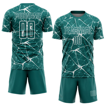 Custom Teal-White Abstract Network Crackle Sublimation Soccer Uniform Jersey