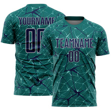 Load image into Gallery viewer, Custom Teal Navy-Gray Abstract Network Crackle Sublimation Soccer Uniform Jersey
