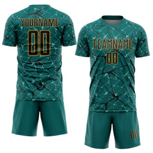 Load image into Gallery viewer, Custom Teal Black-Old Gold Abstract Network Crackle Sublimation Soccer Uniform Jersey
