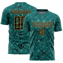 Load image into Gallery viewer, Custom Teal Black-Old Gold Abstract Network Crackle Sublimation Soccer Uniform Jersey
