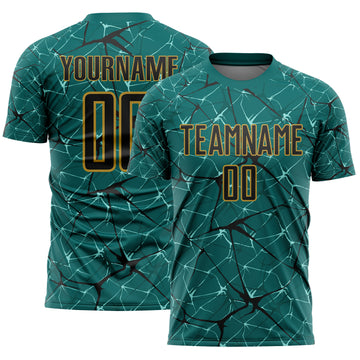 Custom Teal Black-Old Gold Abstract Network Crackle Sublimation Soccer Uniform Jersey