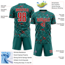 Load image into Gallery viewer, Custom Teal Red-White Abstract Network Crackle Sublimation Soccer Uniform Jersey
