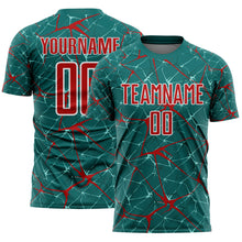 Load image into Gallery viewer, Custom Teal Red-White Abstract Network Crackle Sublimation Soccer Uniform Jersey
