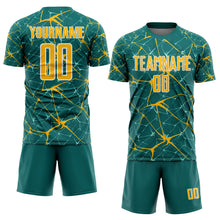 Laden Sie das Bild in den Galerie-Viewer, Custom Teal Gold-White Abstract Network Crackle Sublimation Soccer Uniform Jersey
