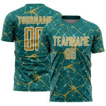 Charger l'image dans la galerie, Custom Teal Old Gold-White Abstract Network Crackle Sublimation Soccer Uniform Jersey
