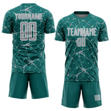 Laden Sie das Bild in den Galerie-Viewer, Custom Teal Gray-White Abstract Network Crackle Sublimation Soccer Uniform Jersey
