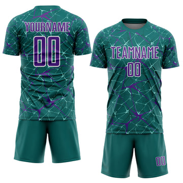 Custom Teal Purple-White Abstract Network Crackle Sublimation Soccer Uniform Jersey