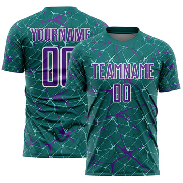 Custom Teal Purple-White Abstract Network Crackle Sublimation Soccer Uniform Jersey
