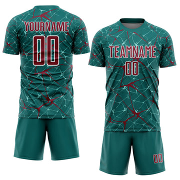Custom Teal Crimson-White Abstract Network Crackle Sublimation Soccer Uniform Jersey
