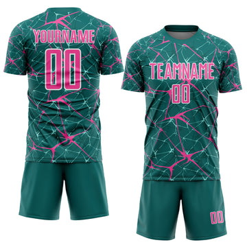 Custom Teal Pink-White Abstract Network Crackle Sublimation Soccer Uniform Jersey