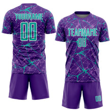 Laden Sie das Bild in den Galerie-Viewer, Custom Purple Aqua-White Abstract Network Crackle Sublimation Soccer Uniform Jersey
