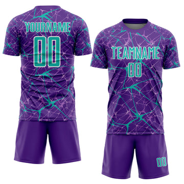Custom Purple Aqua-White Abstract Network Crackle Sublimation Soccer Uniform Jersey