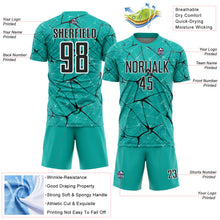 Laden Sie das Bild in den Galerie-Viewer, Custom Aqua Black-White Abstract Network Crackle Sublimation Soccer Uniform Jersey
