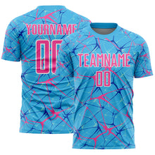 Load image into Gallery viewer, Custom Sky Blue Pink-White Abstract Network Crackle Sublimation Soccer Uniform Jersey

